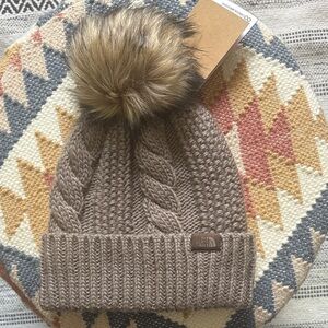 The North Face Brown Knit Beanie with Faux Fur Pom